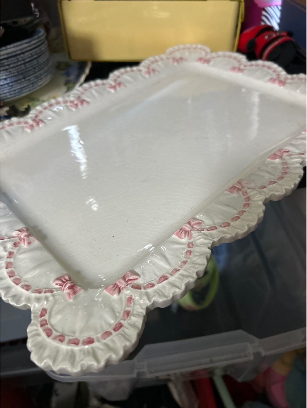 Fair condition Horchow Vintage Ceramic Cake Platter with Pink Ribbon Detail
